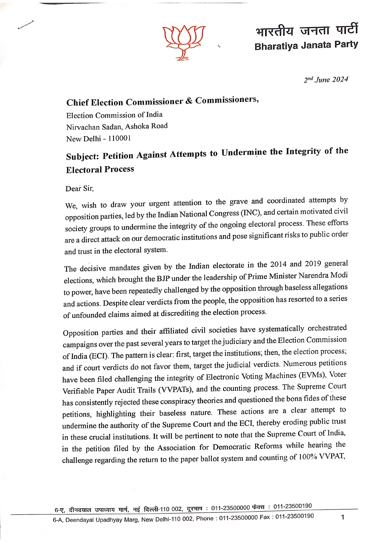 BJP Memorandum to ECI