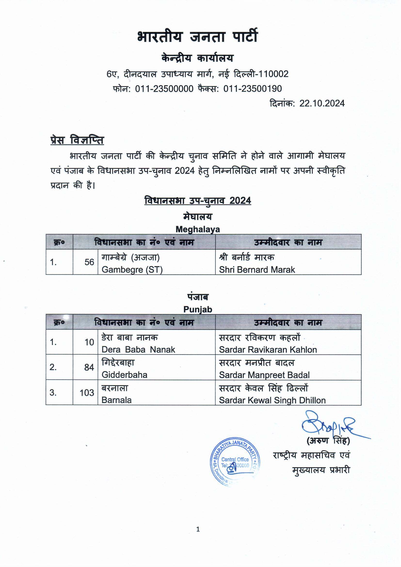 List of BJP Candidates for the Bye Election to the Assembly Constituencies of Manipur and Punjab States finalised by BJP CEC