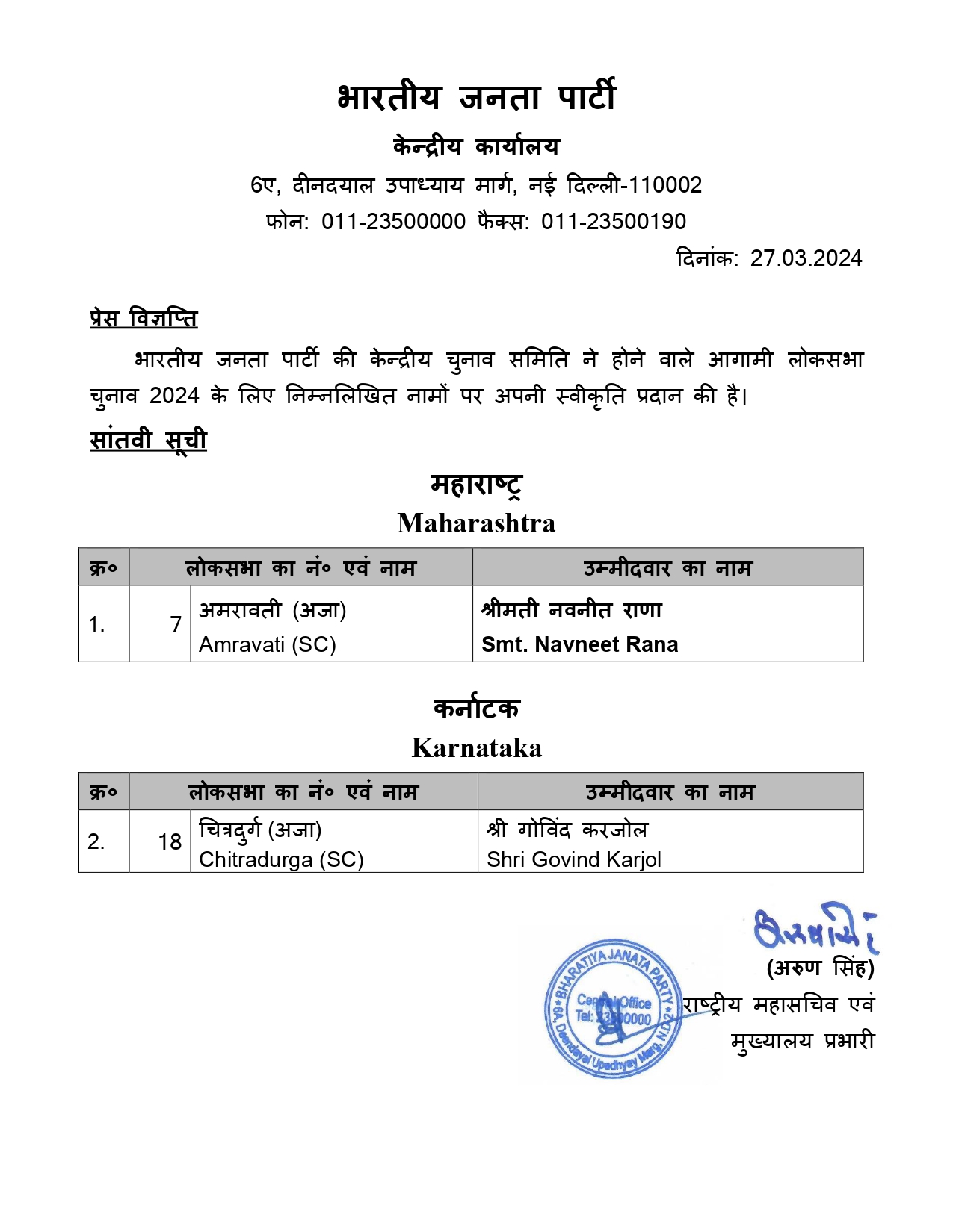  General Elections 2024 to the Parliamentary Constituencies of different states finalised by BJP