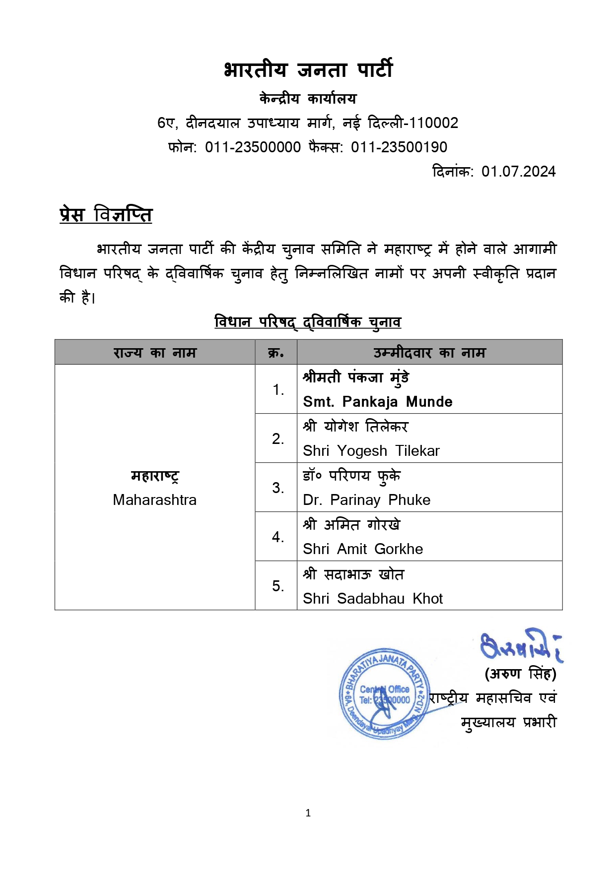 List of BJP candidates for Biennial Elections to the Legislative Council of Maharashtra