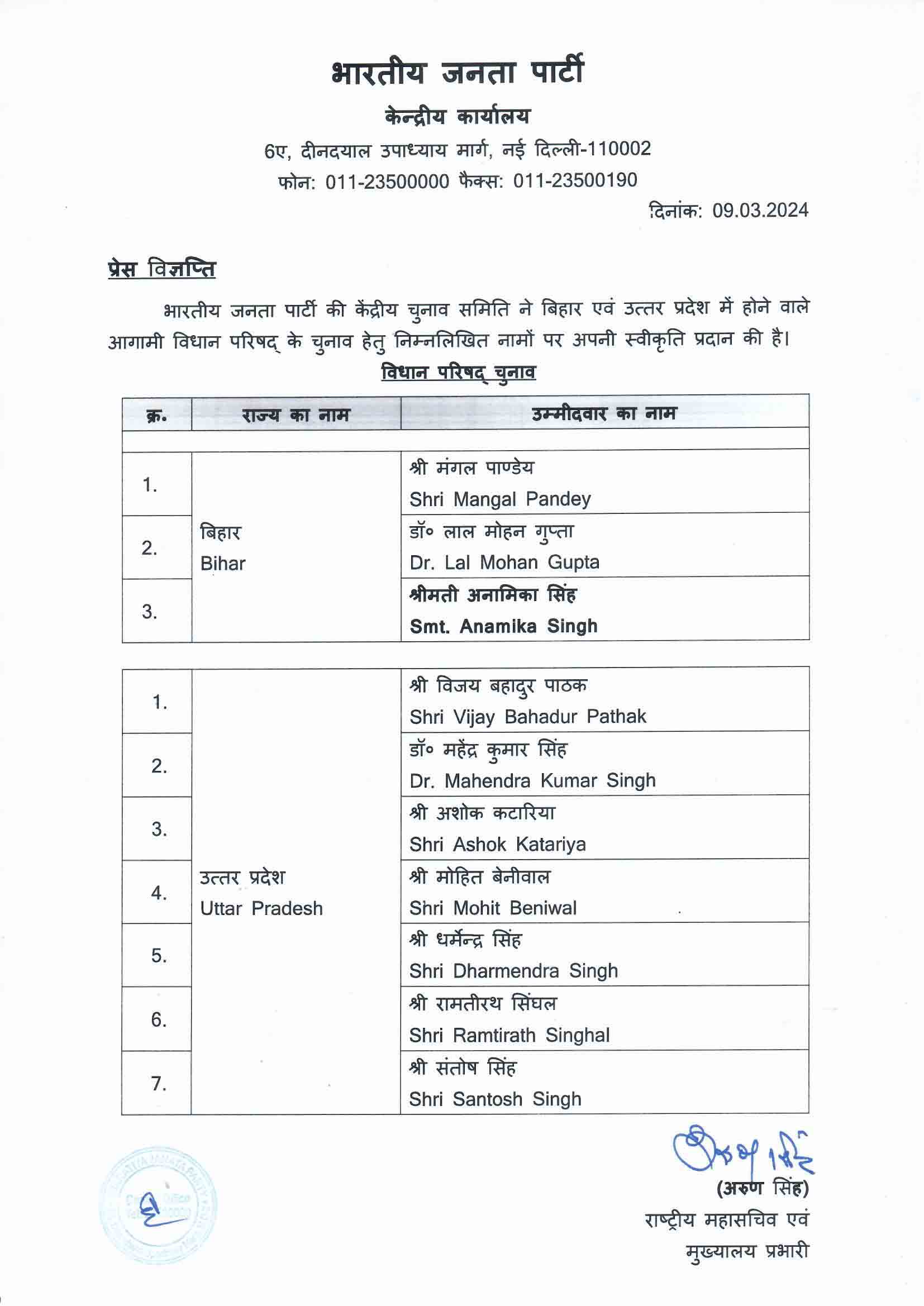 BJP candidates for Biennial Election to the Rajya Sabha from Bihar & Uttar Pradesh 2024