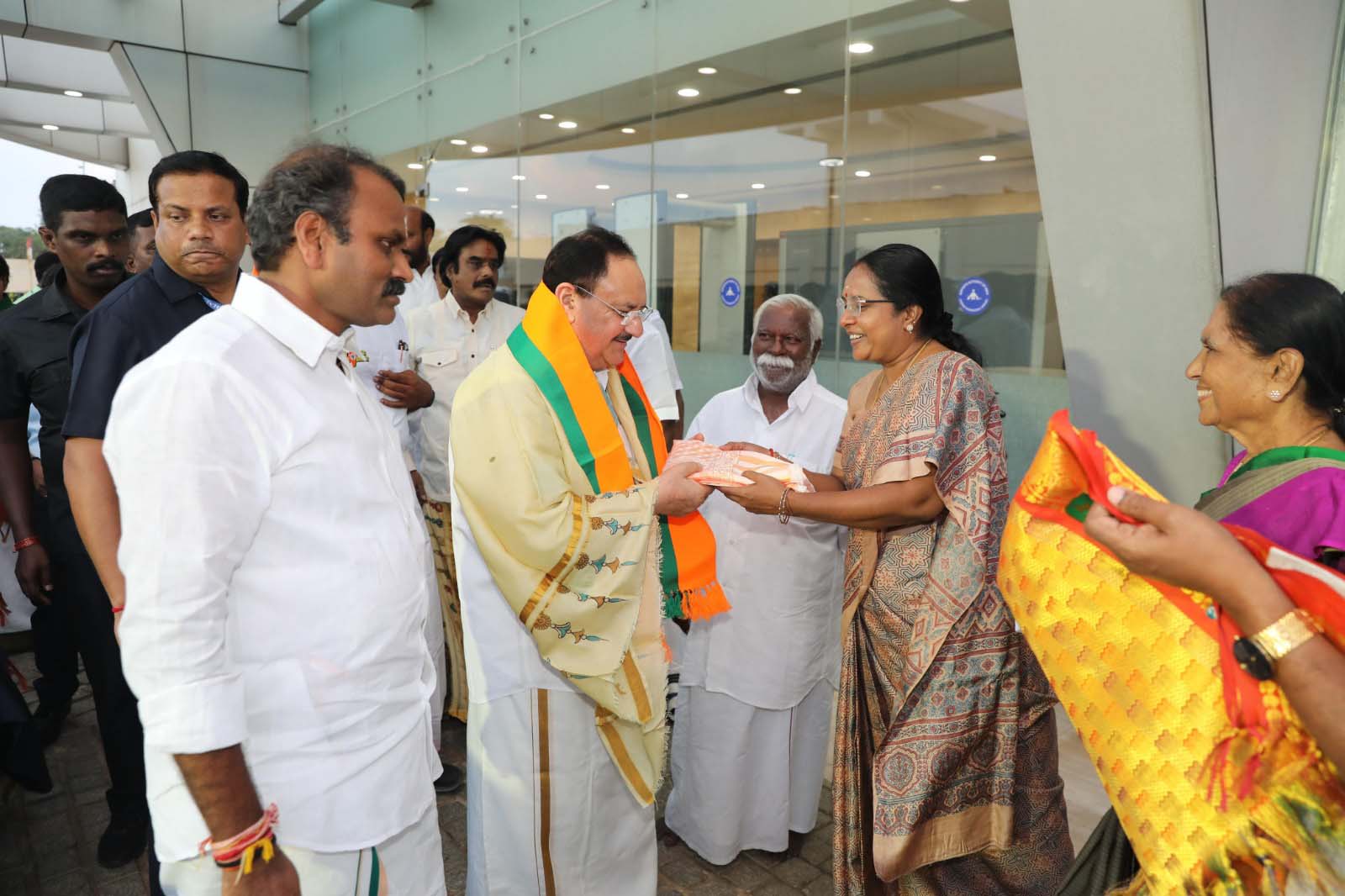 Grand welcome of Hon'ble BJP National President Shri J.P. Nadda on arrival at Chennai International Airport in Tamil Nadu