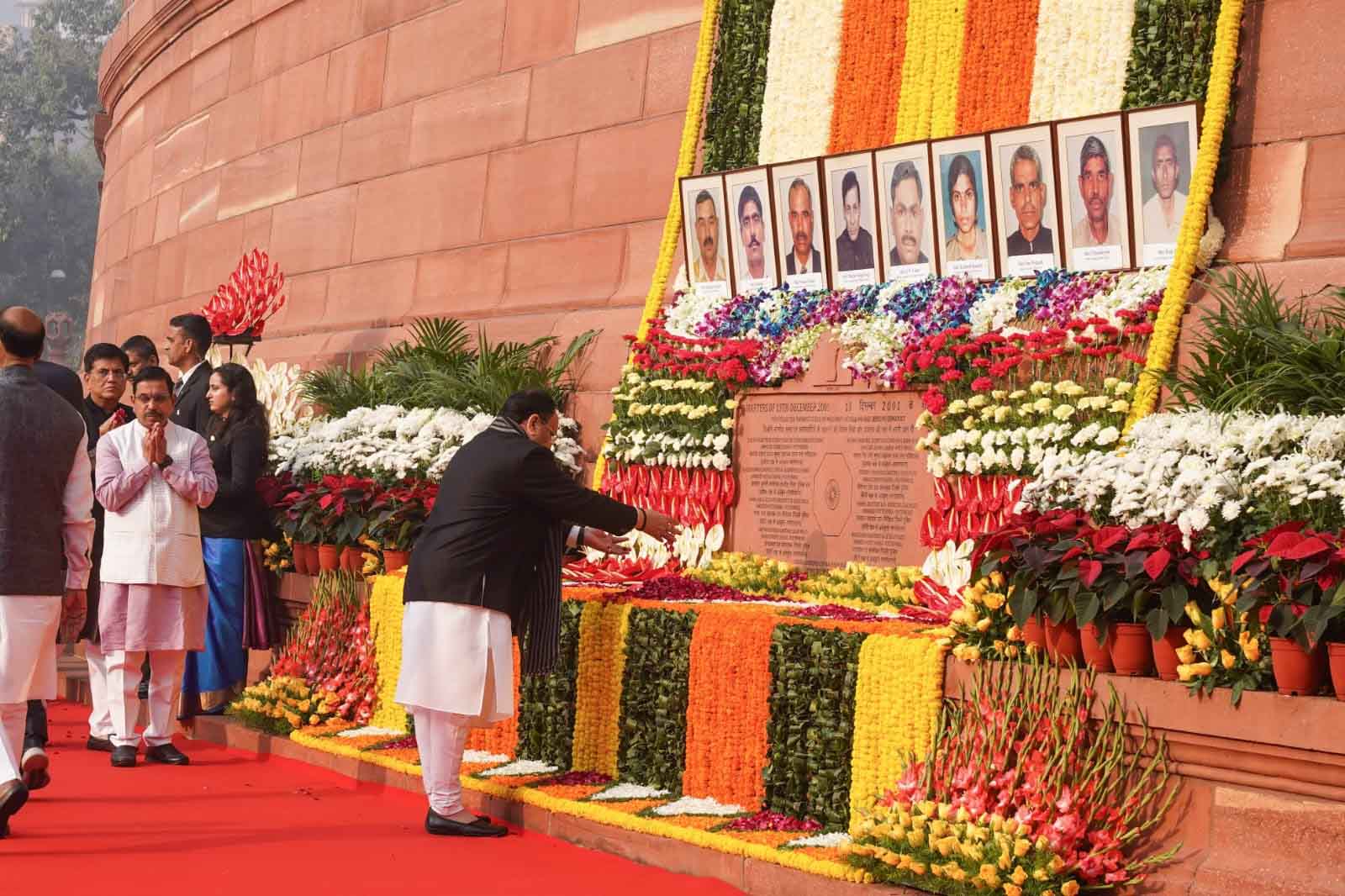 BJP National President Shri J.P. Nadda paid floral tributes to brave security personnel who made the supreme sacrifice in the terroristattack on Parliament House in 2001