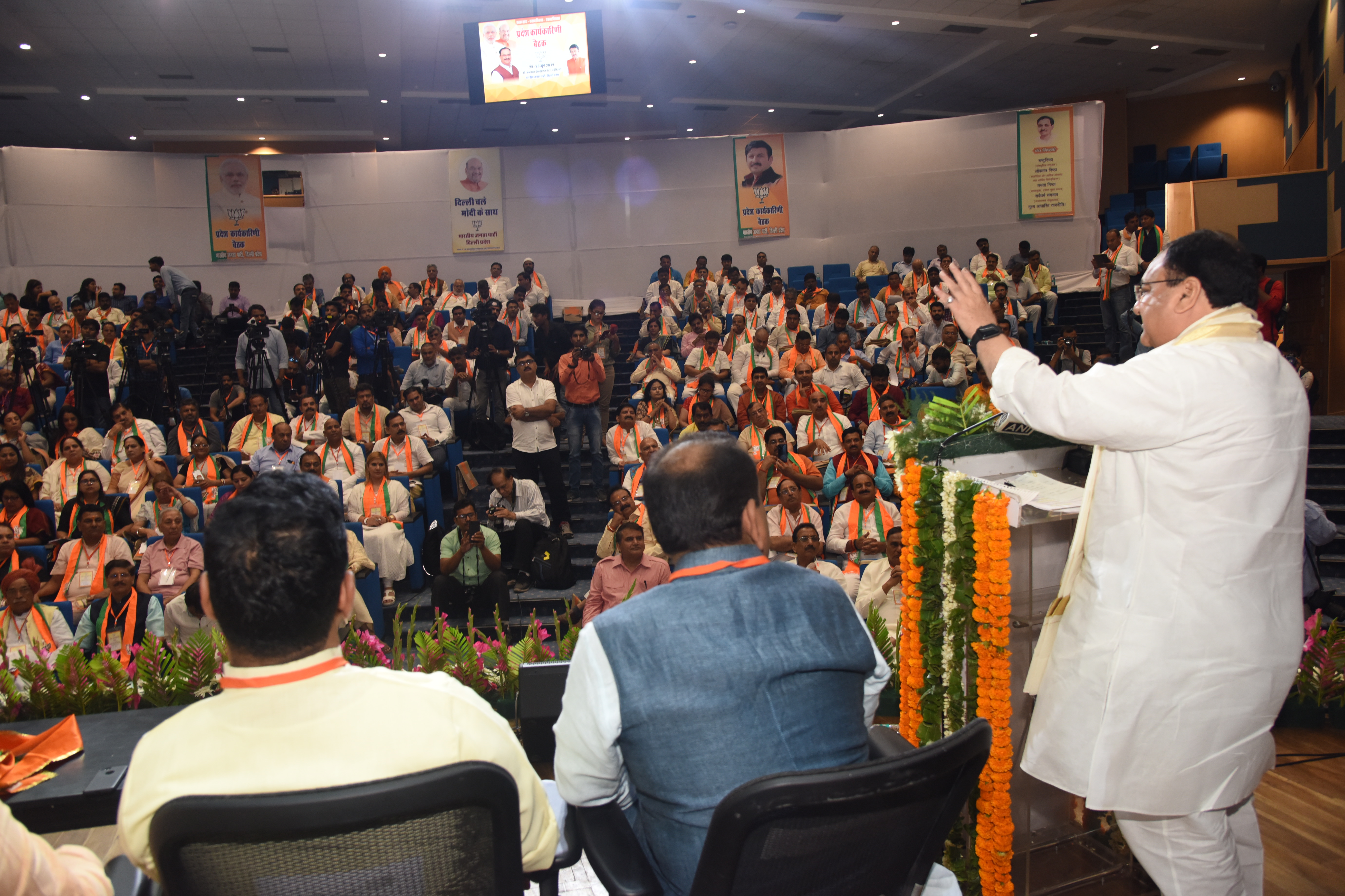 Photographs of BJP working President, Shri J.P. Nadda addressing BJP Delhi State Working Committee Meeting at Dr. Ambedkar International Centre, New Delhi 