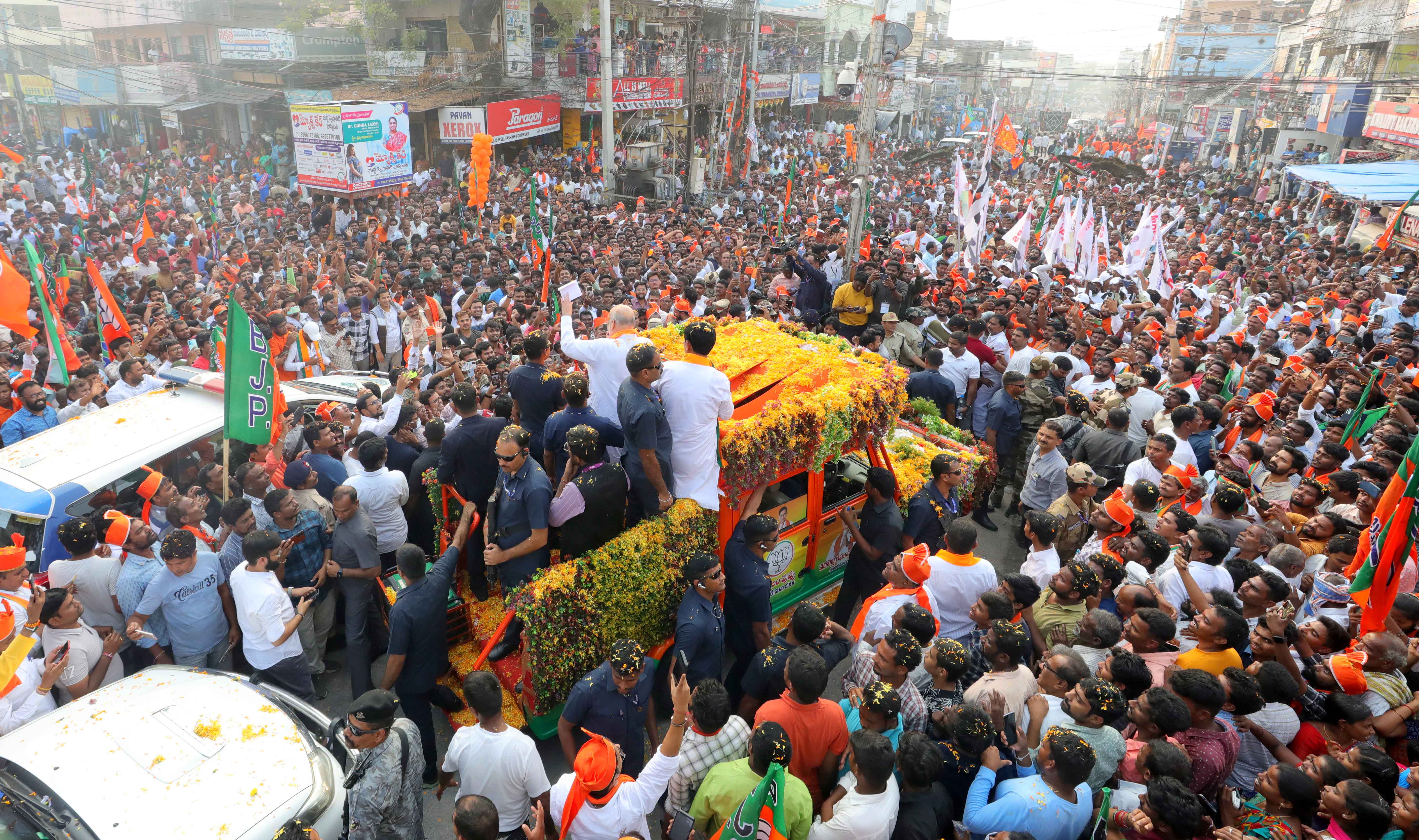 Road show of Hon'ble Union Home Minister and Minister of Cooperation Shri Amit Shah in Mancherial (Telangana).