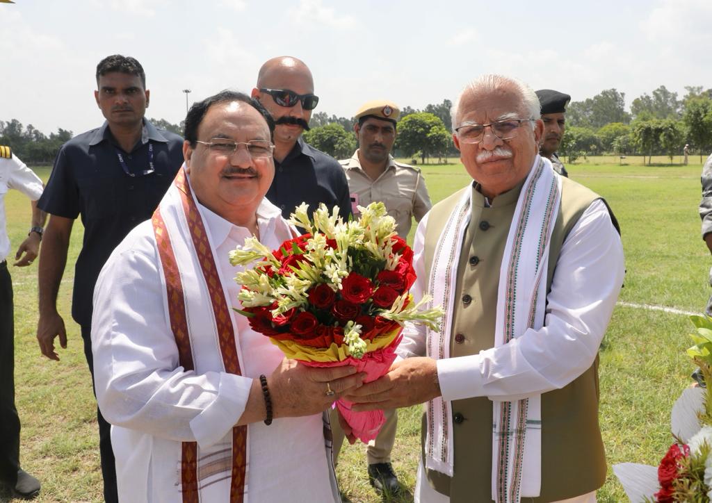 Grand welcome of Hon'ble BJP National President Shri J.P. Nadda on arrival at Kaithal, Kurukshetra (Haryana)