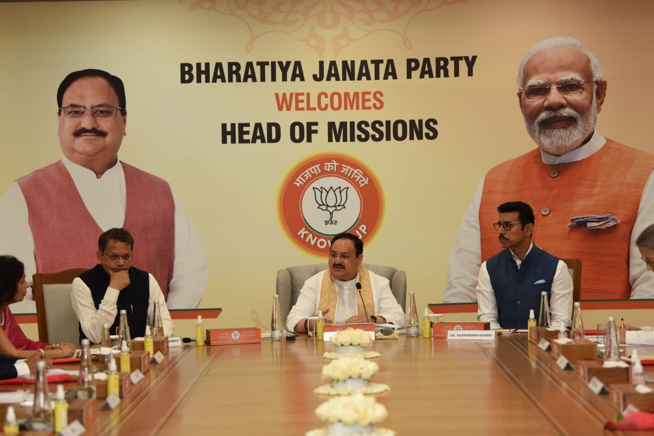 BJP National President Shri J.P. Nadda interacting with a group of Head of Missions (Ambassadors/High Commissioners) to India (3rd Phase) at BJP HQ, 6A DDU Marg, New Delhi