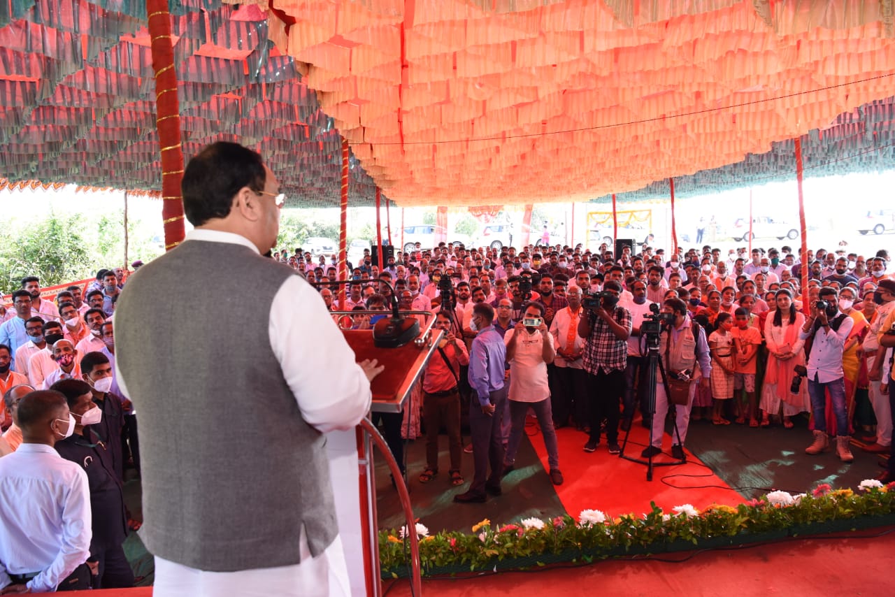 Hon'ble BJP National President Shri J.P. Nadda addressing after Mahalaxmi Temple visit in Panaji (Goa)