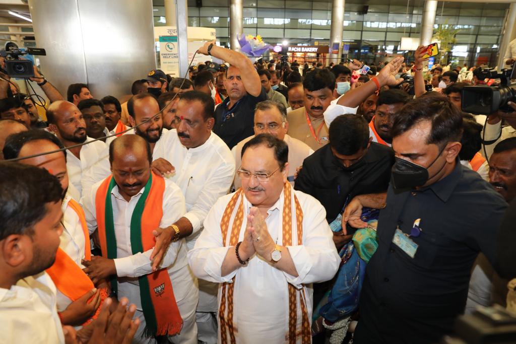 Grand welcome of Hon'ble BJP National President Shri J.P. Nadda on arrival at RGI Airport, Shamshabad, Hyderabad (T’gana)