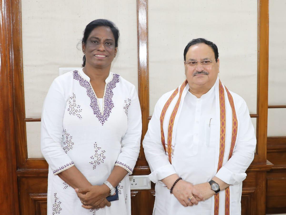 Newly nominated Rajya Sabha MP, P.T. Usha ji called on Hon'ble BJP National President Shri Jagat Prakash Nadda ji in New Delhi