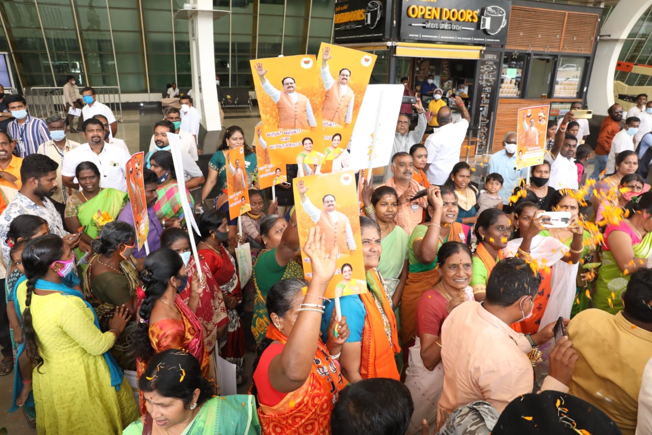 Hon'ble BJP National President Shri J.P. Nadda ji's grand reception on his arrival at Coimbatore Airport (Tamilnadu)