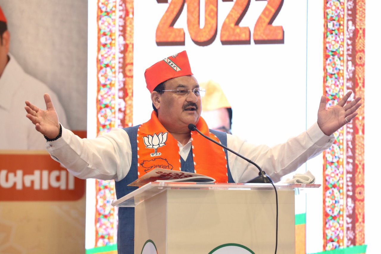 Hon’ble BJP National President Shri J.P. Nadda after releasing BJP’s Sankalp Patra for Gujarat Assembly Elections 2022 at Gujarat State BJP State Office, Gandhinagar (Gujarat)