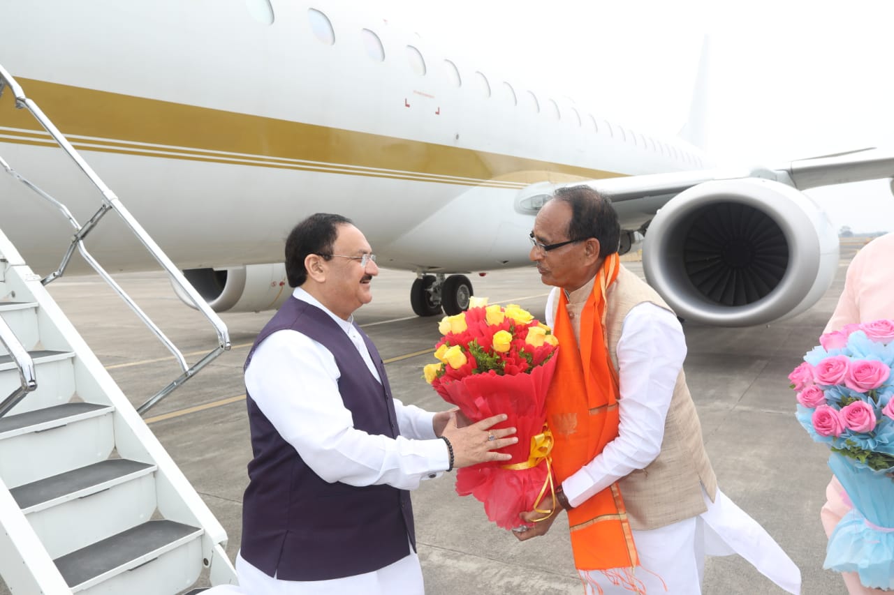 Grand welcome of Hon'ble BJP National President Shri J.P. Nadda on arrival in Dewas (Madhya Pradesh).