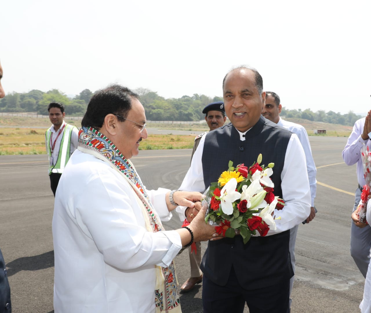 Warm welcome of BJP National President Shri J.P. Nadda on his arrival at Gaggal Airport, Dharamshala (Himachal Pradesh)