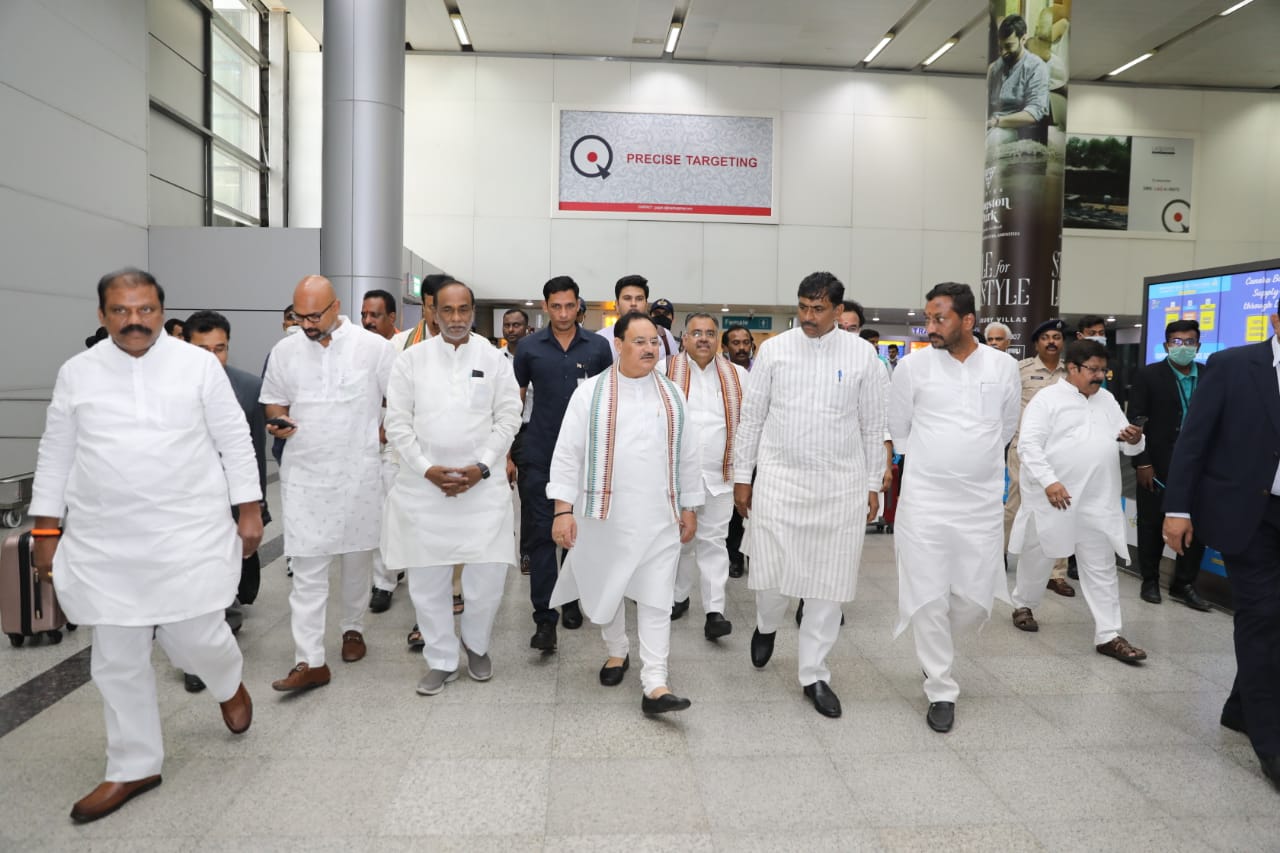 Grand welcome of Hon'ble BJP National President Shri J.P. Nadda on his arrival at RGI Airport, Shamshabad (Hyderabad)