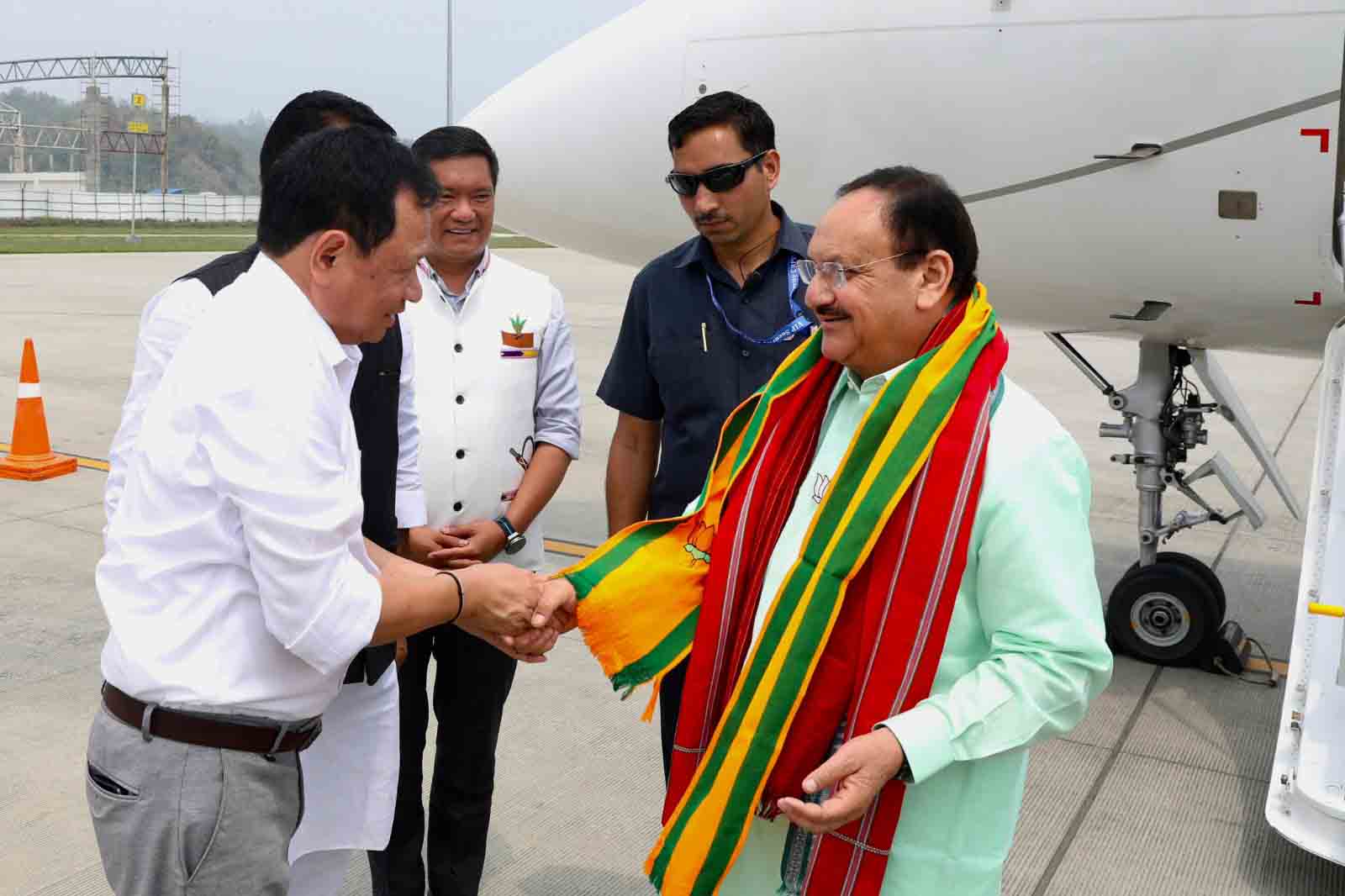 Grand welcome of Hon'ble BJP National President Shri J.P. Nadda on arrival at Donyi Polo Airport, Itanagar (Arunachal Pradesh)