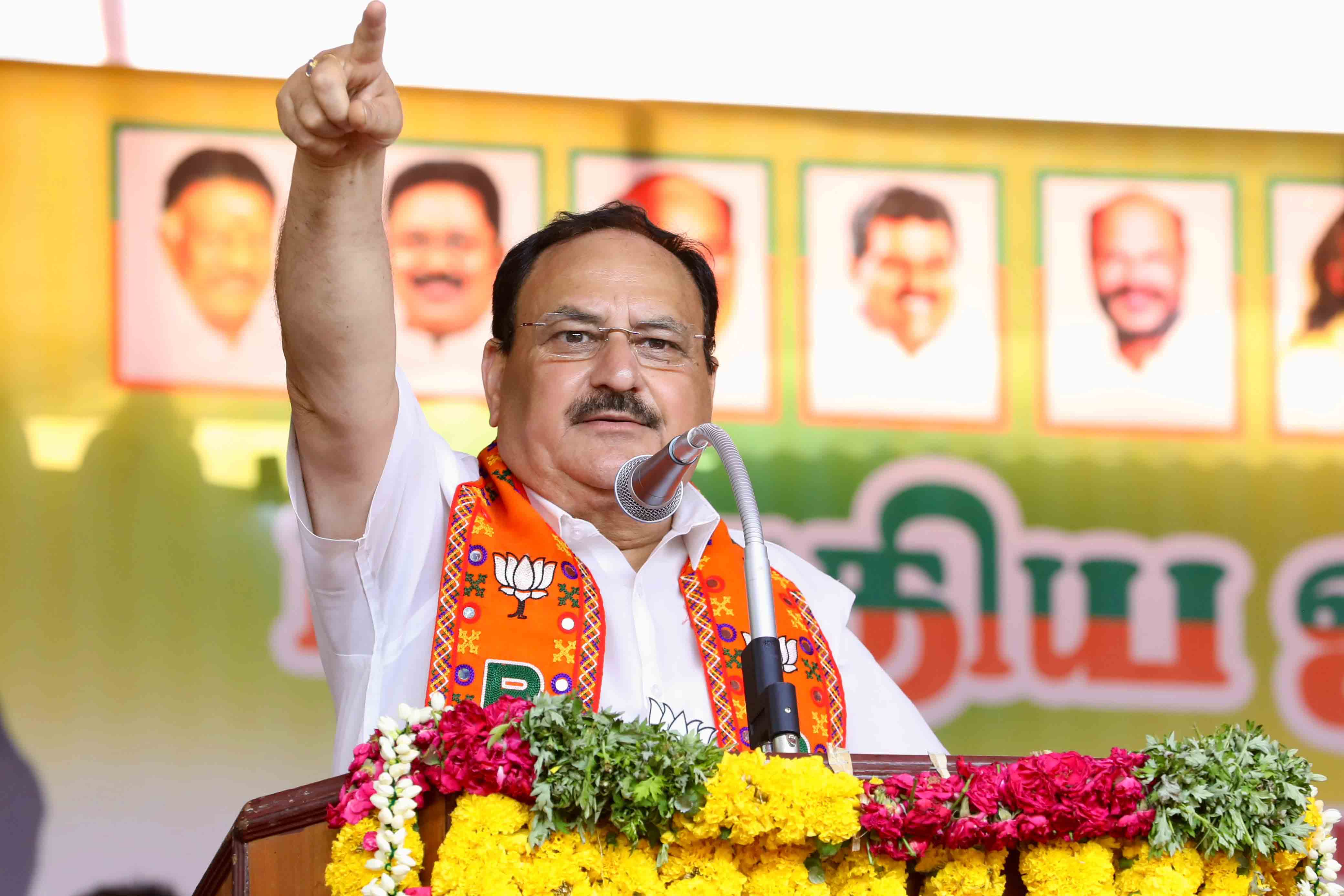 Hon'ble BJP National President Shri J.P. Nadda addressing a public rally at Tirumangalam Rajaji statue (Pudunagar) Dist. Virudhunagar (Tamil Nadu)