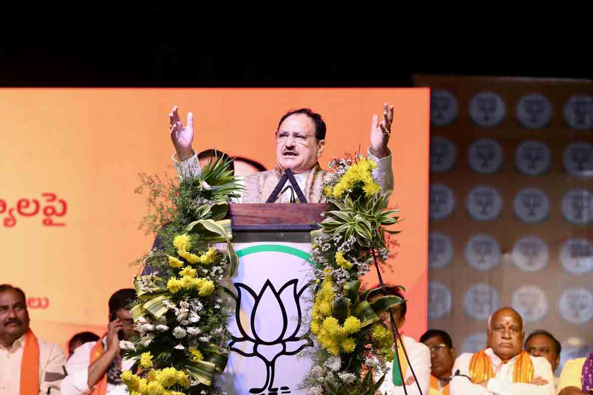 Hon'ble BJP National President Shri J.P. Nadda while addressing a public meeting to highlight the failures of Cong Govt one year rule in T'gana at Saroornagar Stadium Grounds, Hyderabad (T'gana)