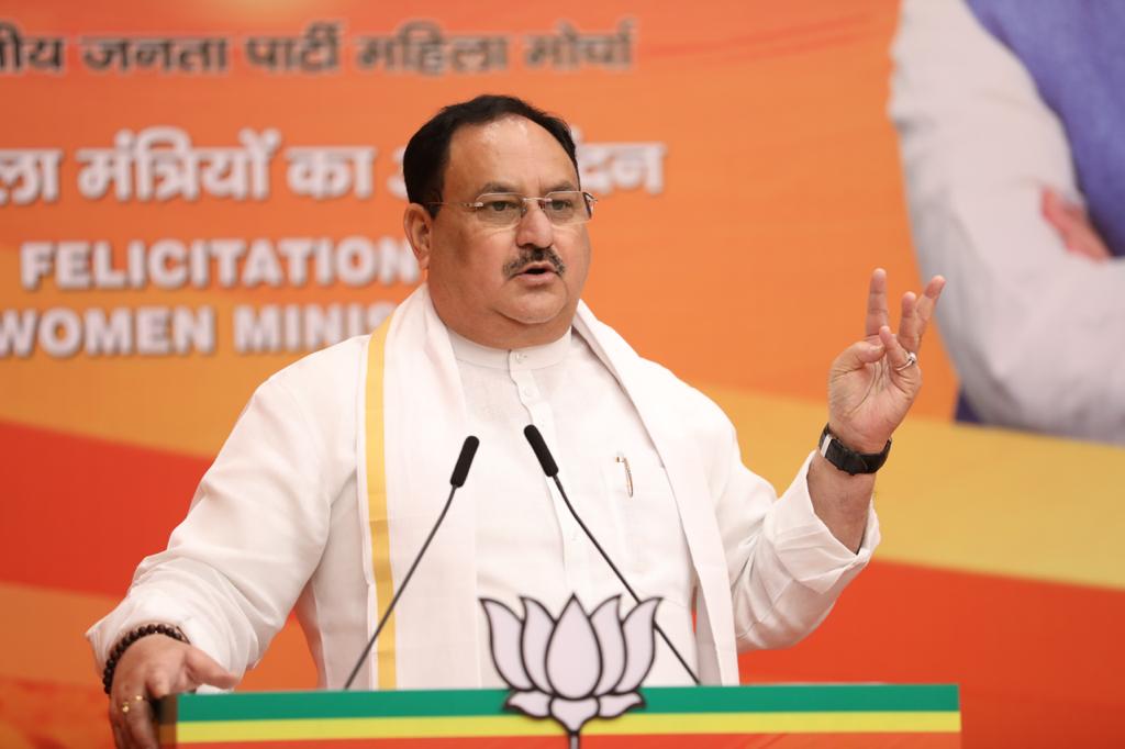  Hon'ble BJP National President Shri J.P. Nadda addressing felicitation ceremony of Women Union Ministers organised by BJP Mahila Morcha at BJP HQ, 6A DDU Marg, New Delhi.