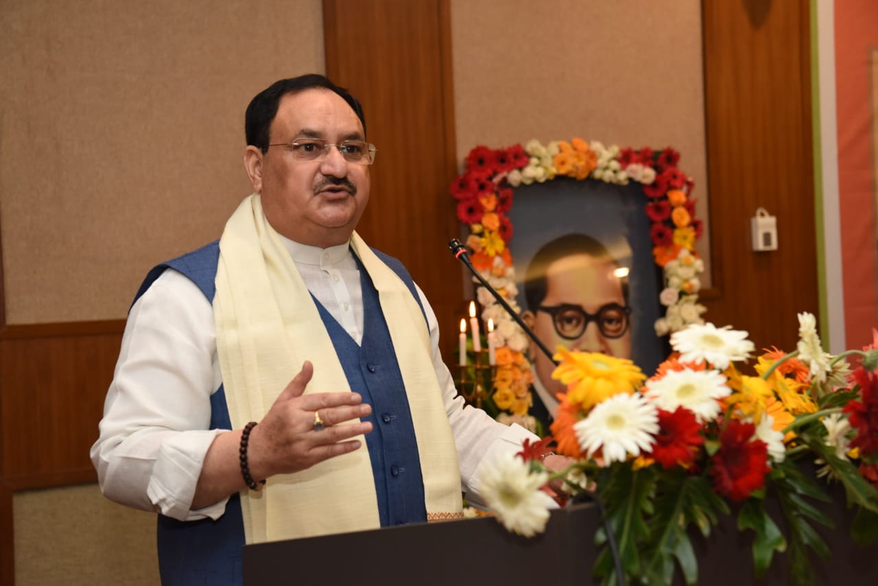 Hon'ble BJP National President Shri J.P. Nadda paying floral tributes to Baba Sahab B.R. Ambedkar ji and addressing on Samvidhan Diwas in Imphal (Manipur).