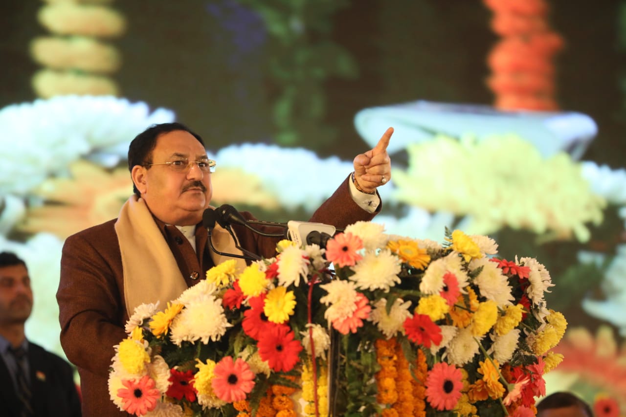  BJP National President Shri J.P. Nadda while addressing felicitation ceremony of Covid Vaccination Warriors at AIIMS Bilaspur (Himachal Pradesh)