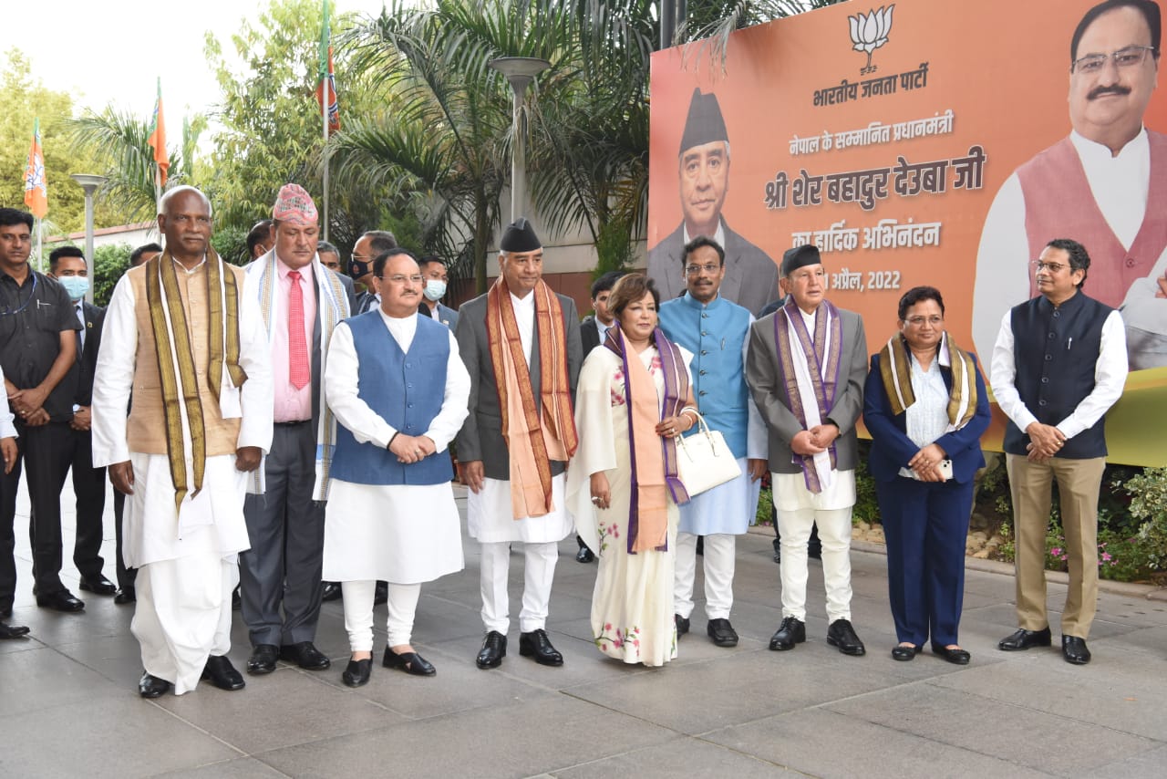  Hon'ble BJP National President Shri J.P. Nadda ji welcomed Hon'ble Prime Minister of Nepal Shri Sher Bahadur Deuba ji at BJP HQ 6A DDU Marg, New Delhi