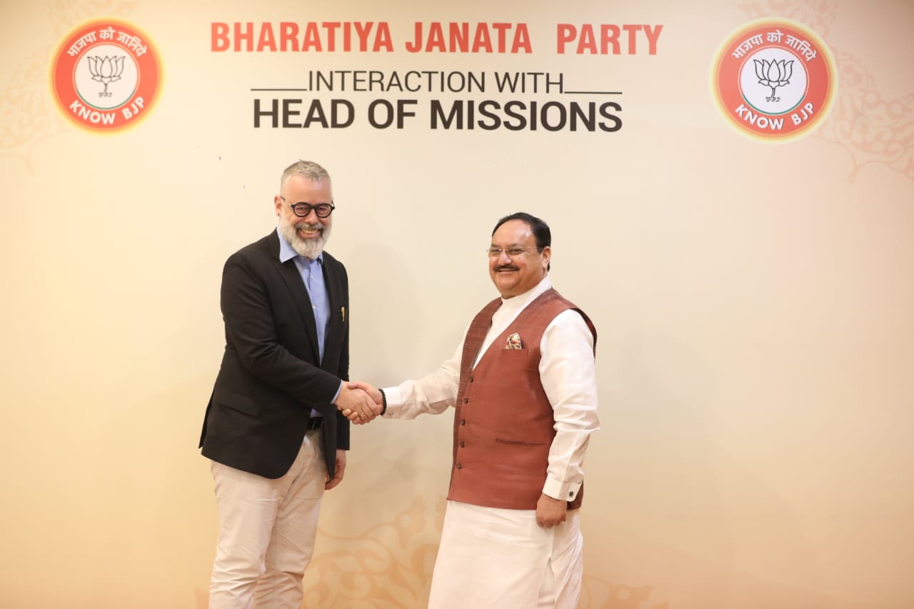 Hon’ble BJP National President Shri J.P. Nadda interacting with a group of Head of Missions (Ambassadors/High Commissioners) to India at BJP HQ 6A, DDU Marg, New Delhi.