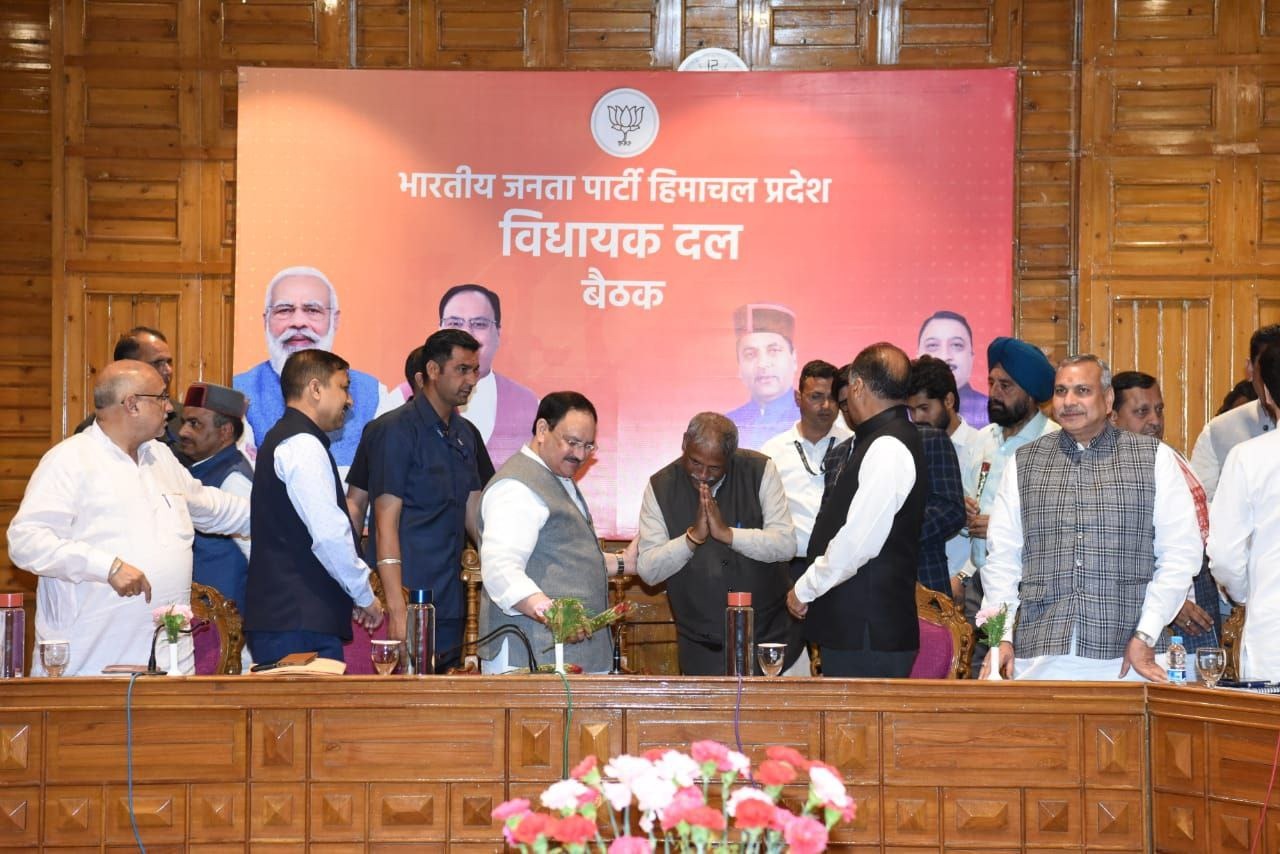 Hon'ble BJP National President Shri J.P. Nadda addressing Himachal Pradesh Legislature Party meeting at Hotel Peterhoff, Shimla (Himachal Pradesh)