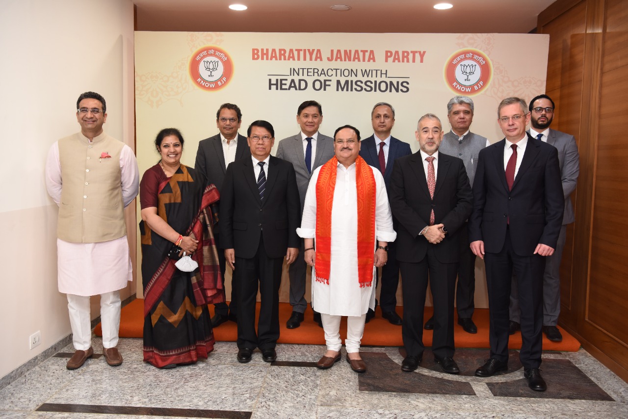 Hon'ble BJP National President Shri J.P. Nadda with group of Head of Missions (Ambassadors/High Commissioners) to India (3rd Phase) at BJP HQ 6A, DDU Marg, New Delhi.