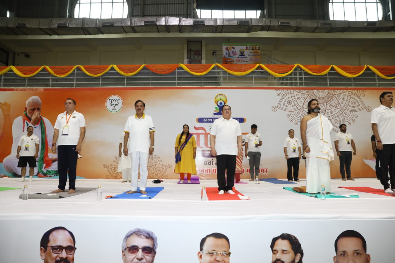 BJP National President Shri J.P. Nadda performing Yoga on the occasion of "Int'l Yoga Diwas" at Noida Stadium, Noida (U.P.)