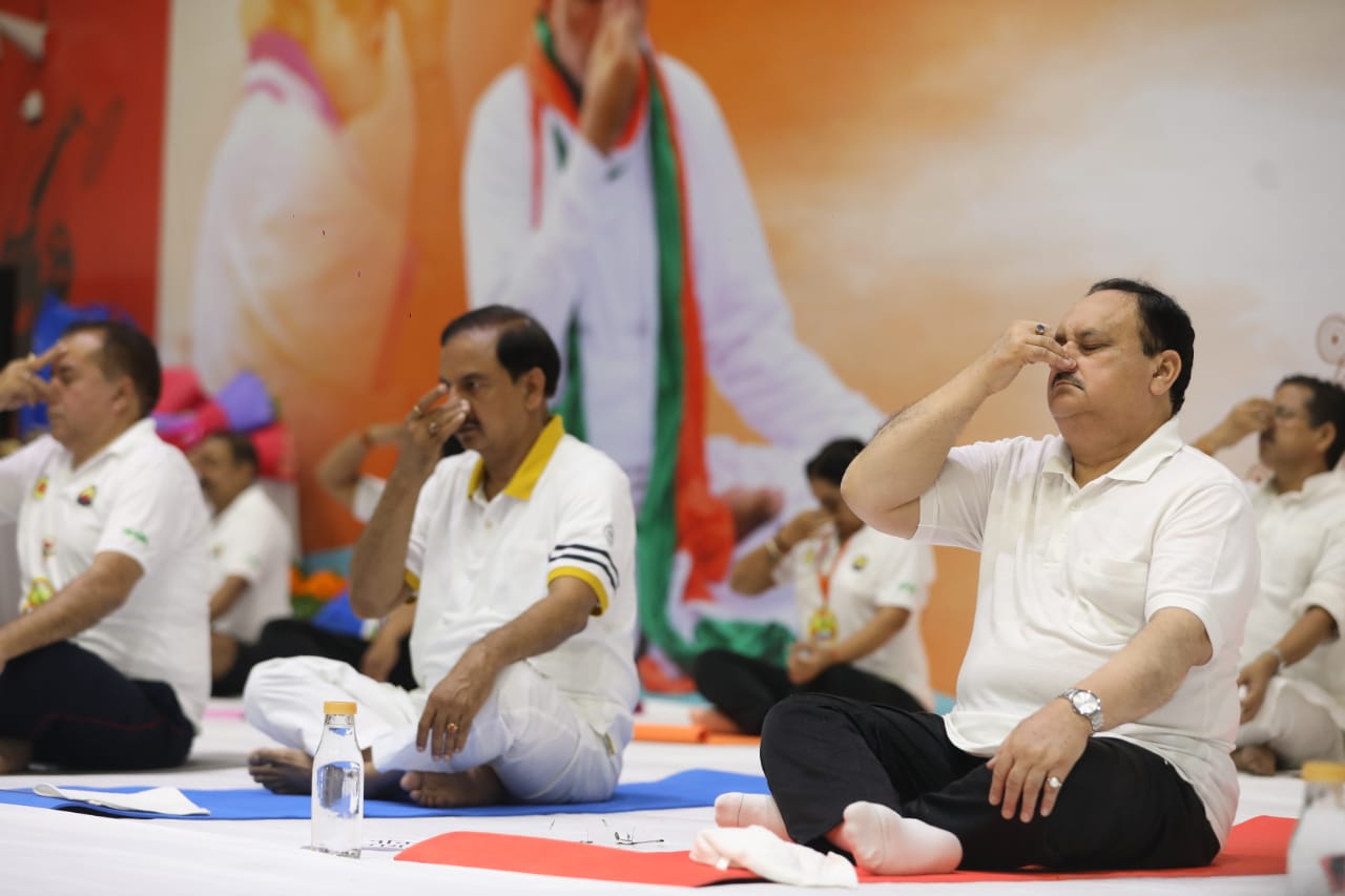 BJP National President Shri J.P. Nadda performing Yoga on the occasion of "Int'l Yoga Diwas" at Noida Stadium, Noida (U.P.)