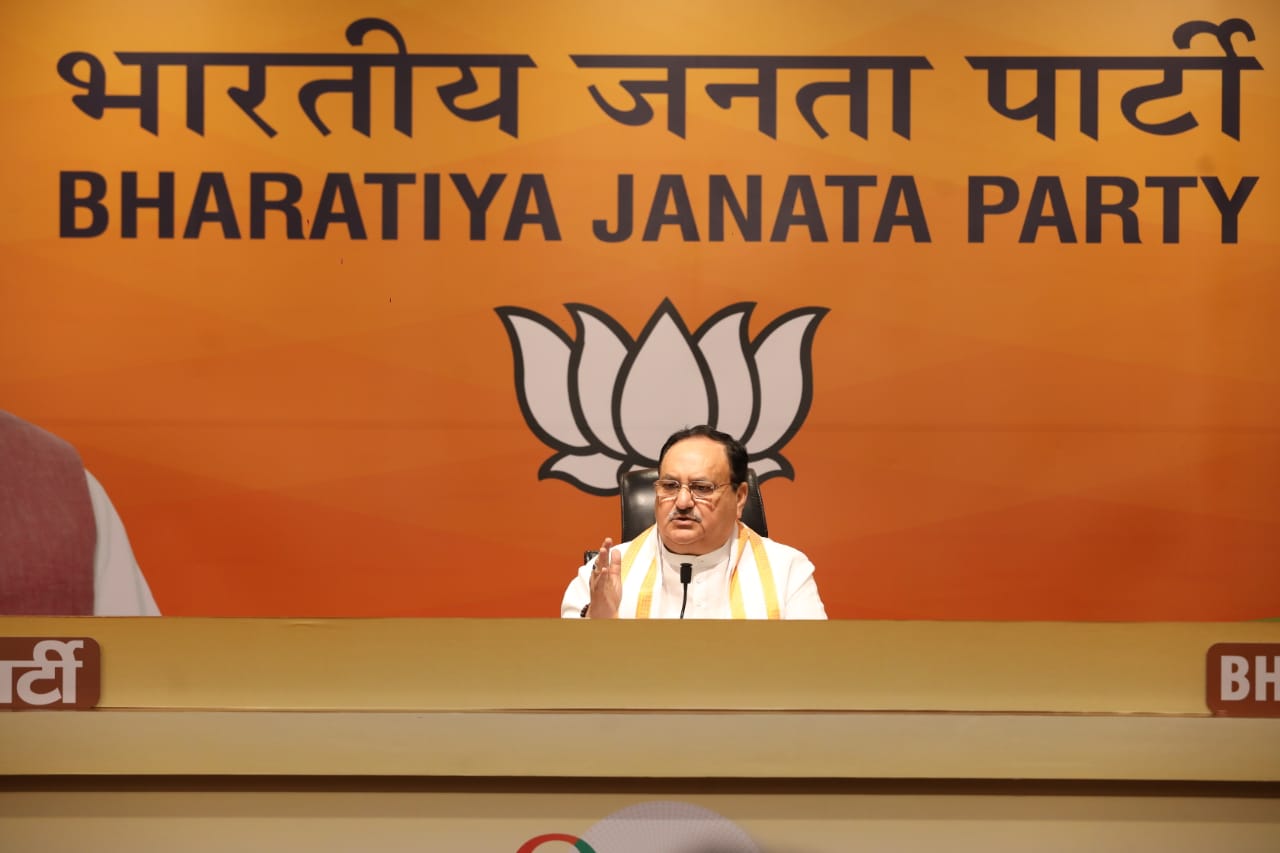 BJP National President Shri J.P. Nadda addressing a press conference at BJP HQ, 6A DDU, Marg New Delhi