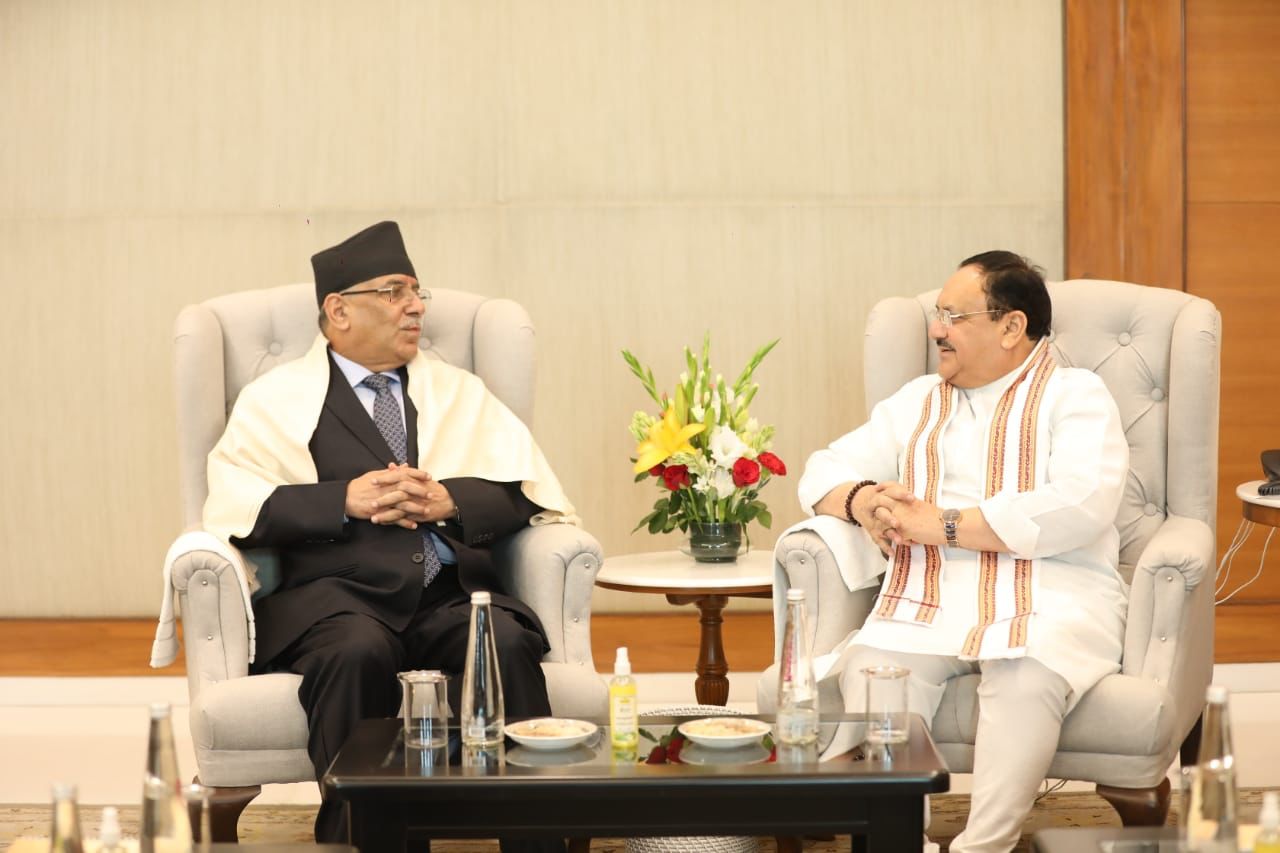 BJP National President Shri J.P. Nadda met Shri Pushpa Kamal Dahal "Parchamda", Chairman, Communist Party of Nepal (Maoist Centre) at BJP HQ, 6A DDU Marg, New Delhi