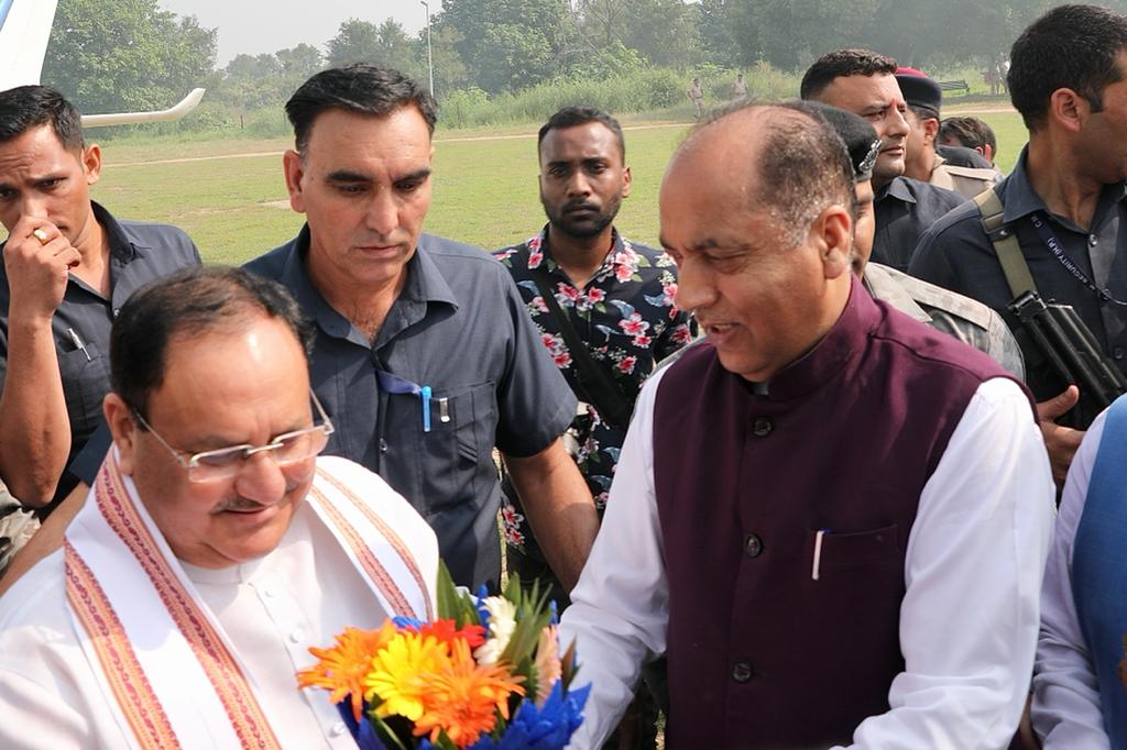 Grand welcome of Hon'ble BJP National President Shri J.P. Nadda on arrival at Police Ground, Jhalera, Una (Himachal Pradesh)