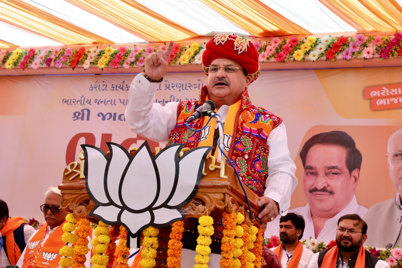 BJP National President Shri J.P. Nadda while addressing Vijay Sankalp Rally at BAPS Swaminarayan Mandir, Riverfront Ground, Gadhada (Gujarat)