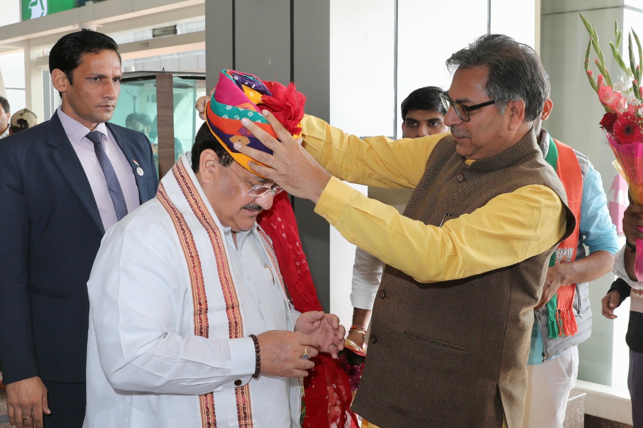 Grand welcome of Hon'ble BJP National President Shri J.P. Nadda on arrival at Jaipur Airport (Rajasthan)