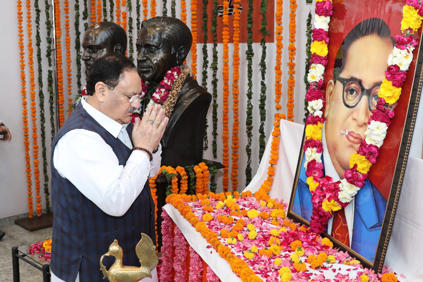 BJP National President Shri J.P. Nadda while paying floral tributes to Bharat Ratna Baba Sahab Bheem Rao Ambedkarji on his Jayanti at BJP HQ.