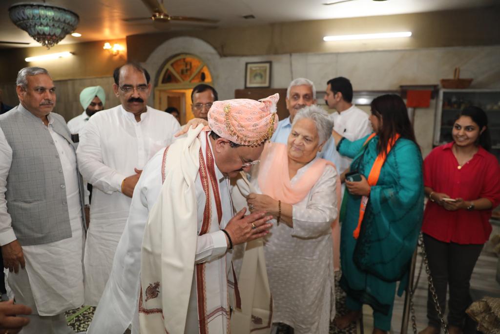 BJP National President Shri J.P. Nadda met Smt. Sneh Amritanand Bhrigu Shastri a distinguished spiritual personality and took her blessings in Punjab