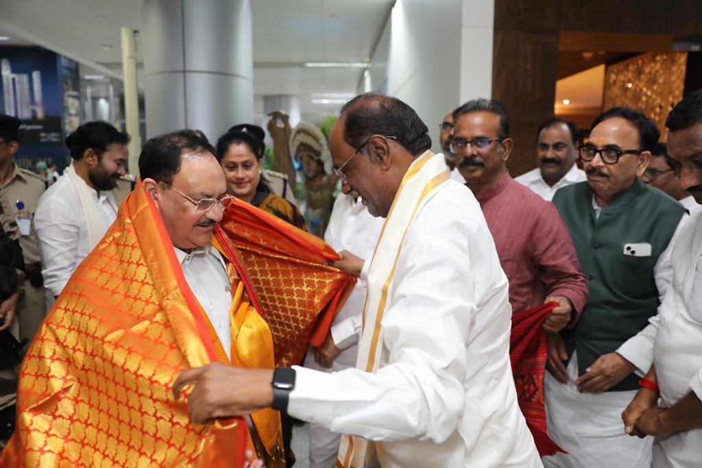 Grand welcome of BJP National President Shri J.P. Nadda on arrival at RGI Airport Shamshabad, Hyderabad (Telangana)