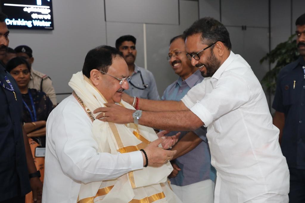 Grand welcome of BJP National President Shri J.P. Nadda at Thiruvananthapuram international Airport in Kerala