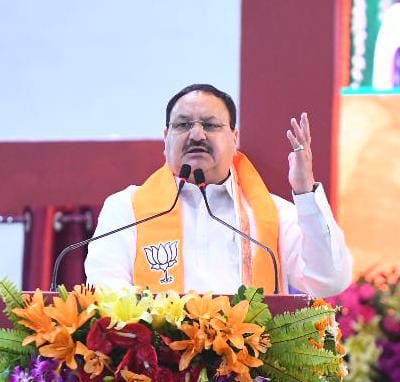 Hon'ble BJP National President Shri Jagat Prakash Nadda while welcoming Hon'ble Prime Minister Shri Narendra Modi ji "Mera Booth Sabse Majboot" Samwad Karyakram at Motilal Nehru Stadium, Bhopal (Madhya Pradesh)