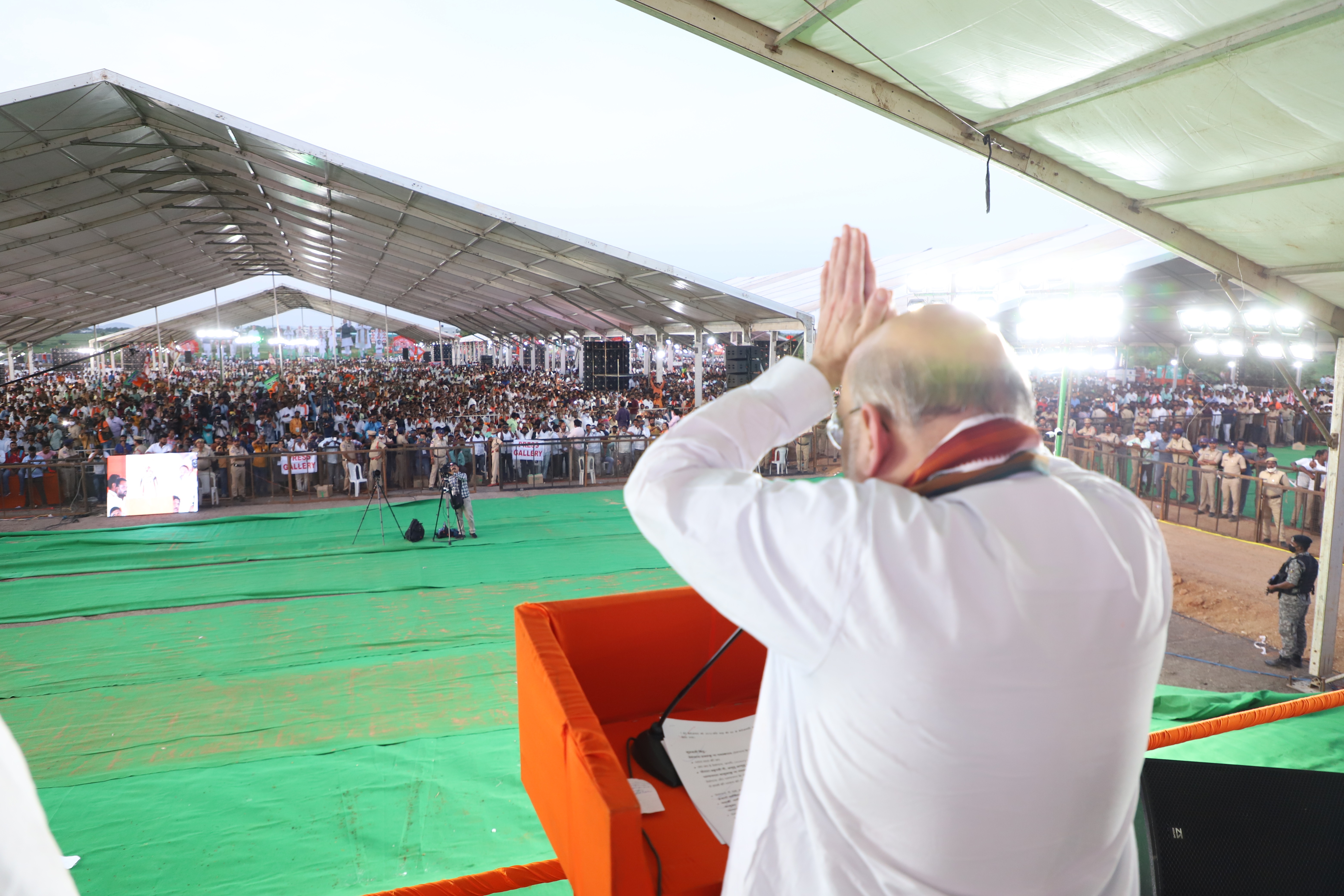 Hon'ble Union Home Minister and Minister of Cooperation Shri Amit Shah addressing a public meeting in Munugode, Nalgonda (Telangana).