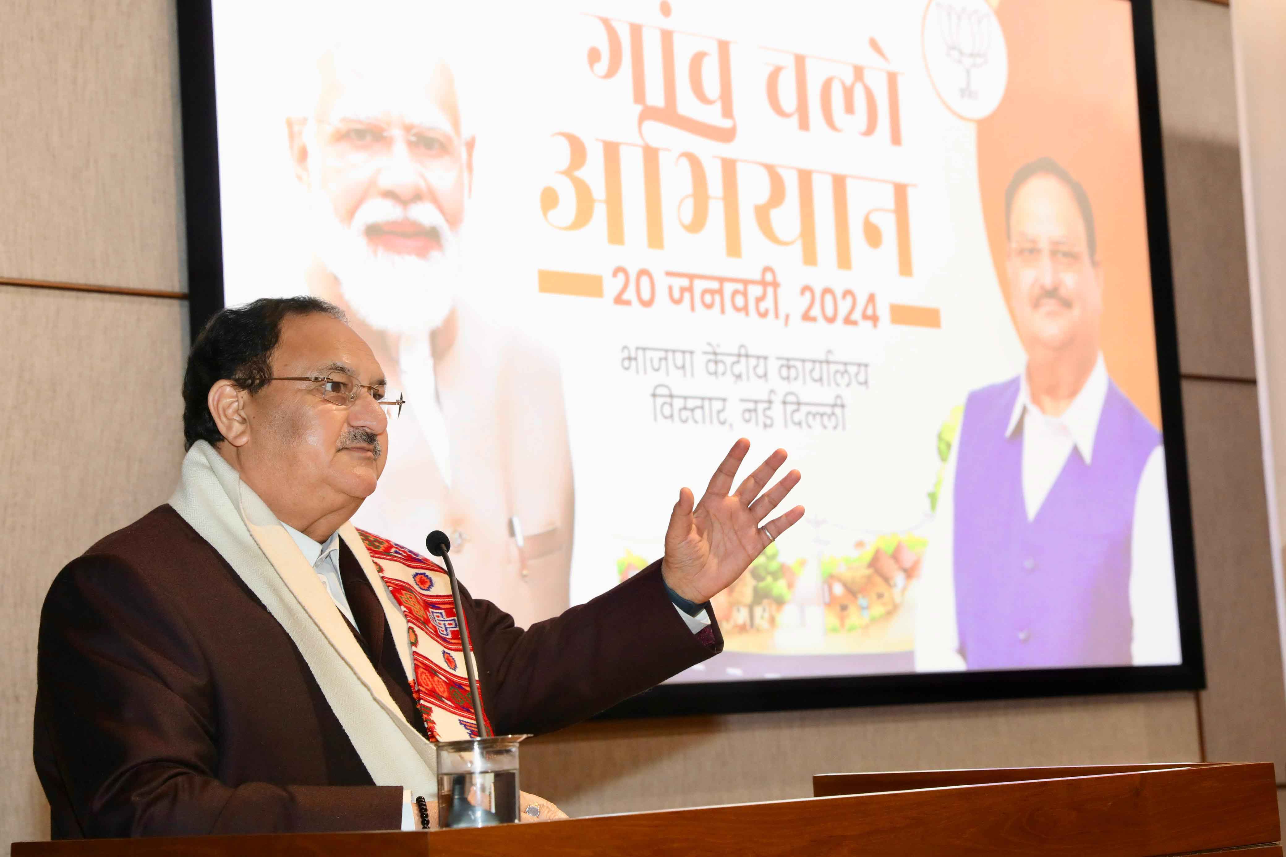 BJP National President Shri J.P. Nadda addressing 'Gaon Chalo Abhiyan" at BJP HQ (Ext.) 3B, DDU Marg, New Delhi