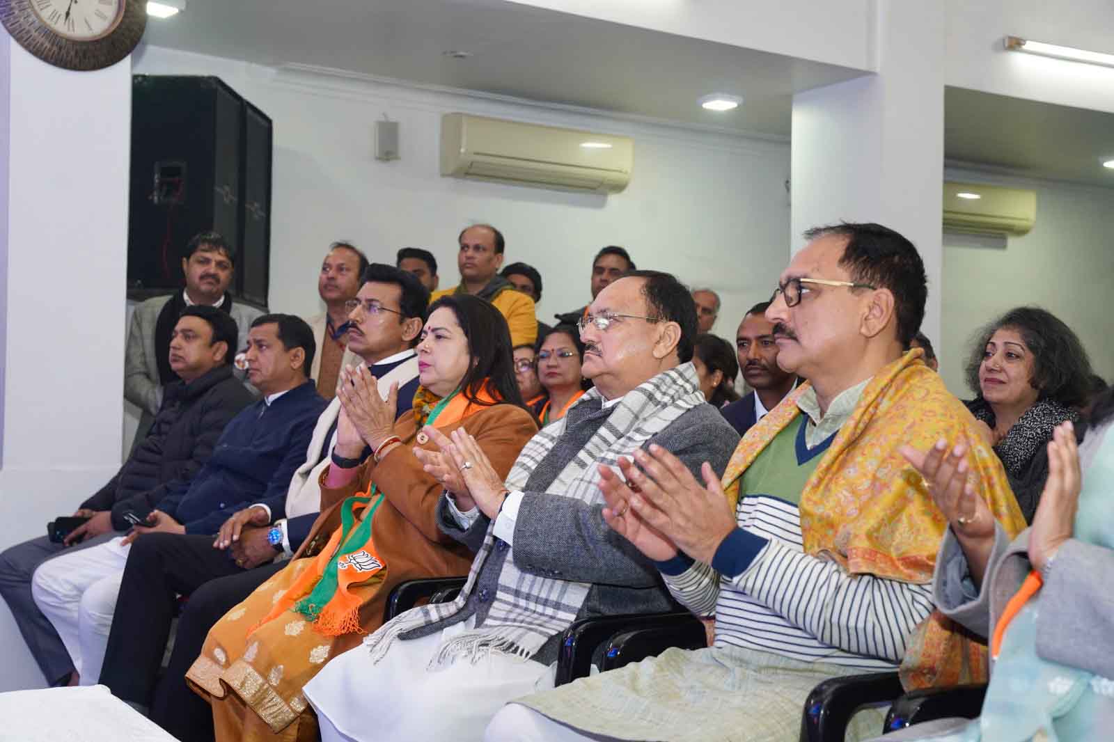 Hon'ble BJP National President Shri J.P. Nadda listening to Hon'ble Prime Minister Shri Narendra Modi ji's Mann ki Baat at Booth No. 64, Arya Samaj Mandir, Sewa Nagar, New Delhi