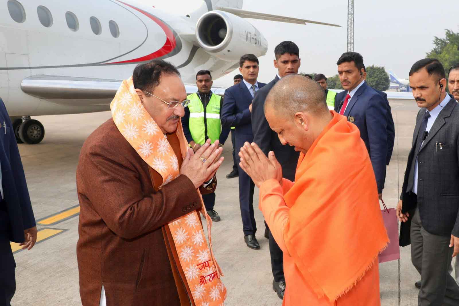 Grand welcome of BJP National President Shri J.P. Nadda on arrival at Chaudhary Charan Singh Int'l Airport Lucknow (Uttar Pradesh)