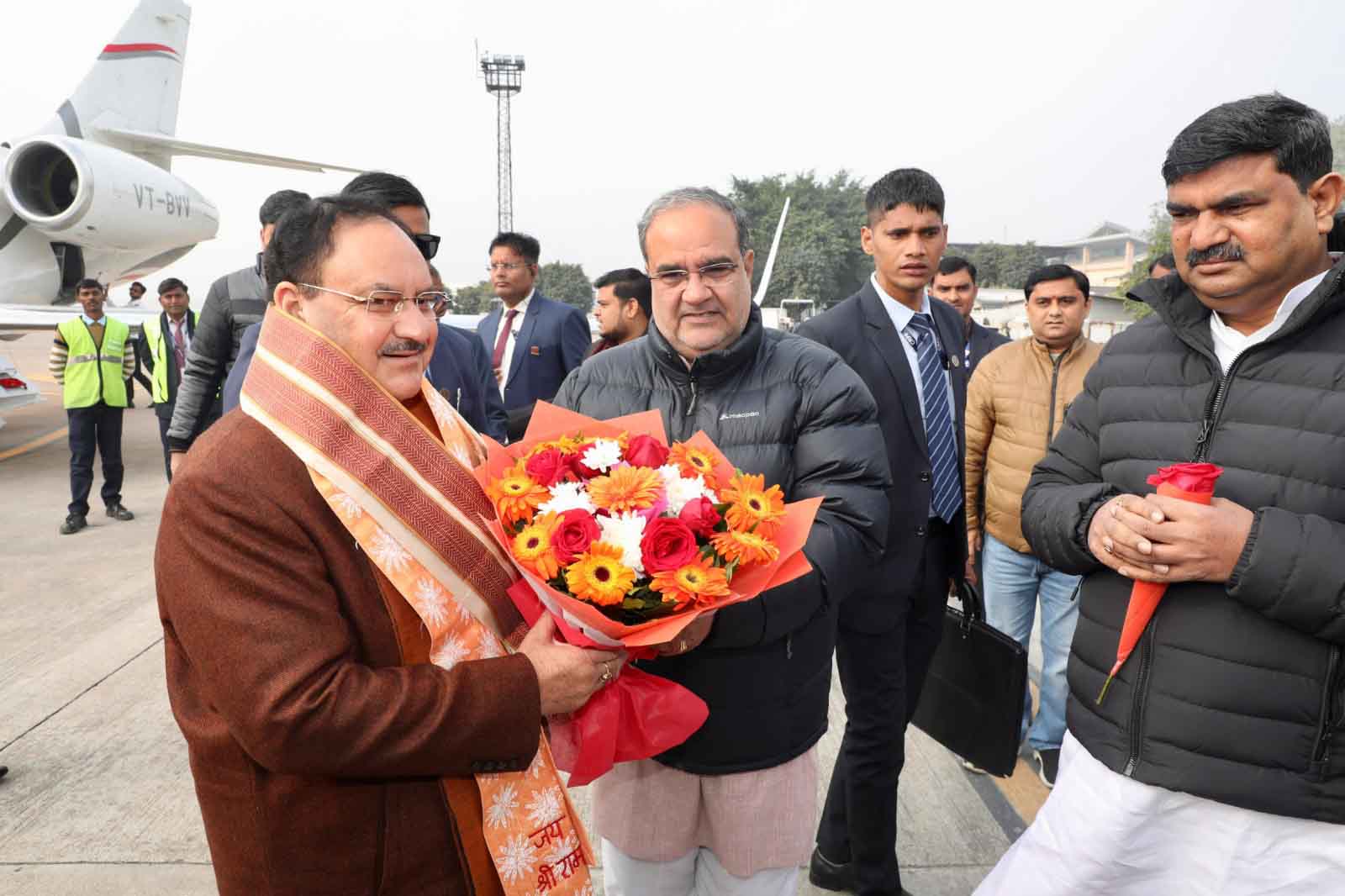 Grand welcome of BJP National President Shri J.P. Nadda on arrival at Chaudhary Charan Singh Int'l Airport Lucknow (Uttar Pradesh)