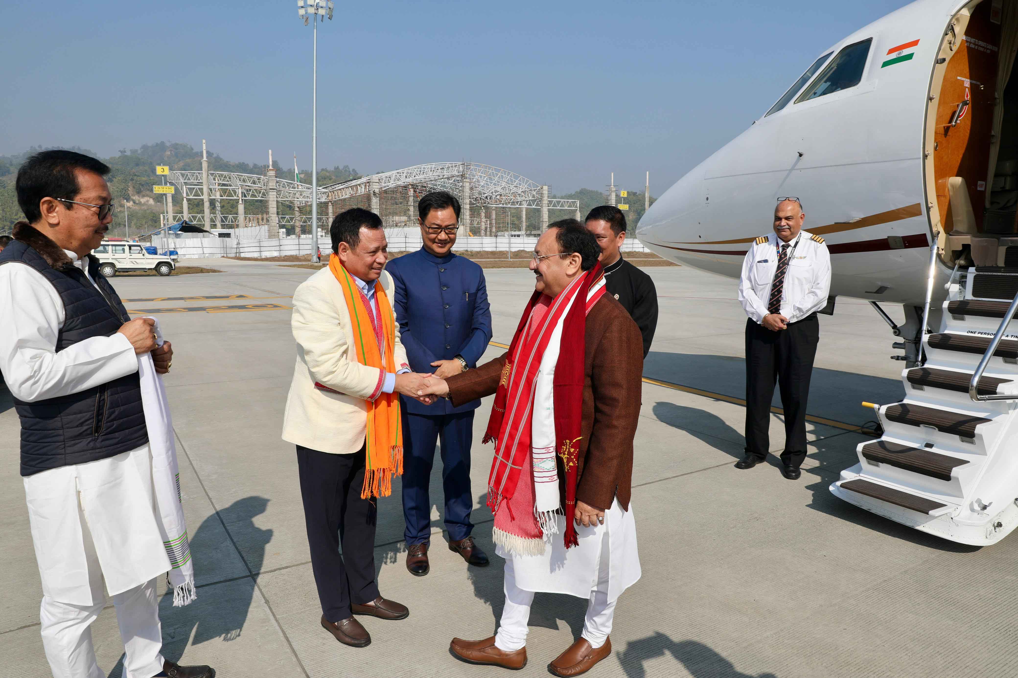 Grand welcome of Hon'ble BJP National President Shri J.P. Nadda on arrival at Donyi Polo Airport in itanagar (Arunachal Pradesh)