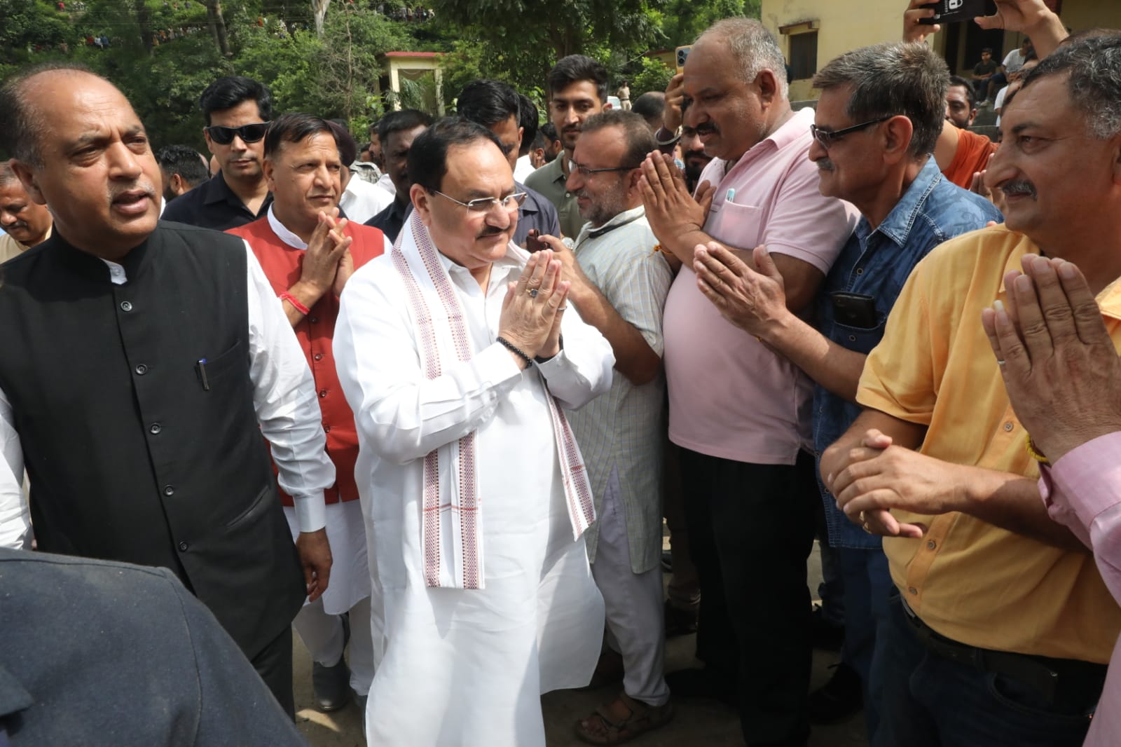 BJP National President Shri J.P. Nadda visited of Sirmauri Taal, Kacchi Dhang, Distt. Sirmaur (H.P.) & met the affected families and observed the damage due to cloudburst, heavy rains and floods