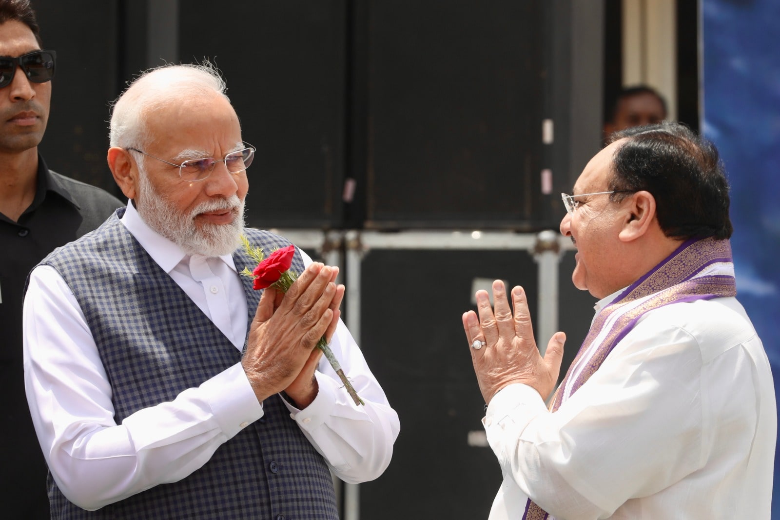 BJP National President Shri J.P. Nadda while welcoming Hon'ble Prime Minister Shri Narendra Modi ji at Palam Airport, New Delhi