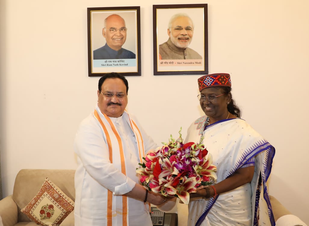 Hon'ble Prime Minister Shri Narendra Modi and BJP National President Shri J.P. Nadda felicitating Hon'ble Smt. Draupadi Murmu ji on being elected as 15th President of India 